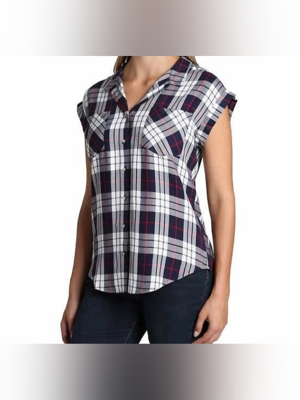 Jachs Short-Sleeve Navy White Plaid Button-Down Top